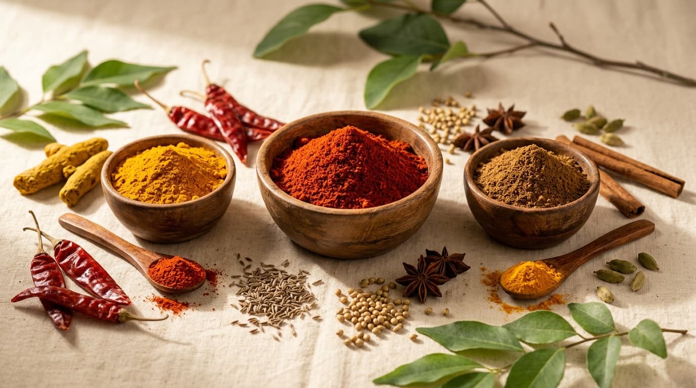 Premium Indian spices in wooden bowls — red chilli, turmeric, garam masala — True Taste collection
