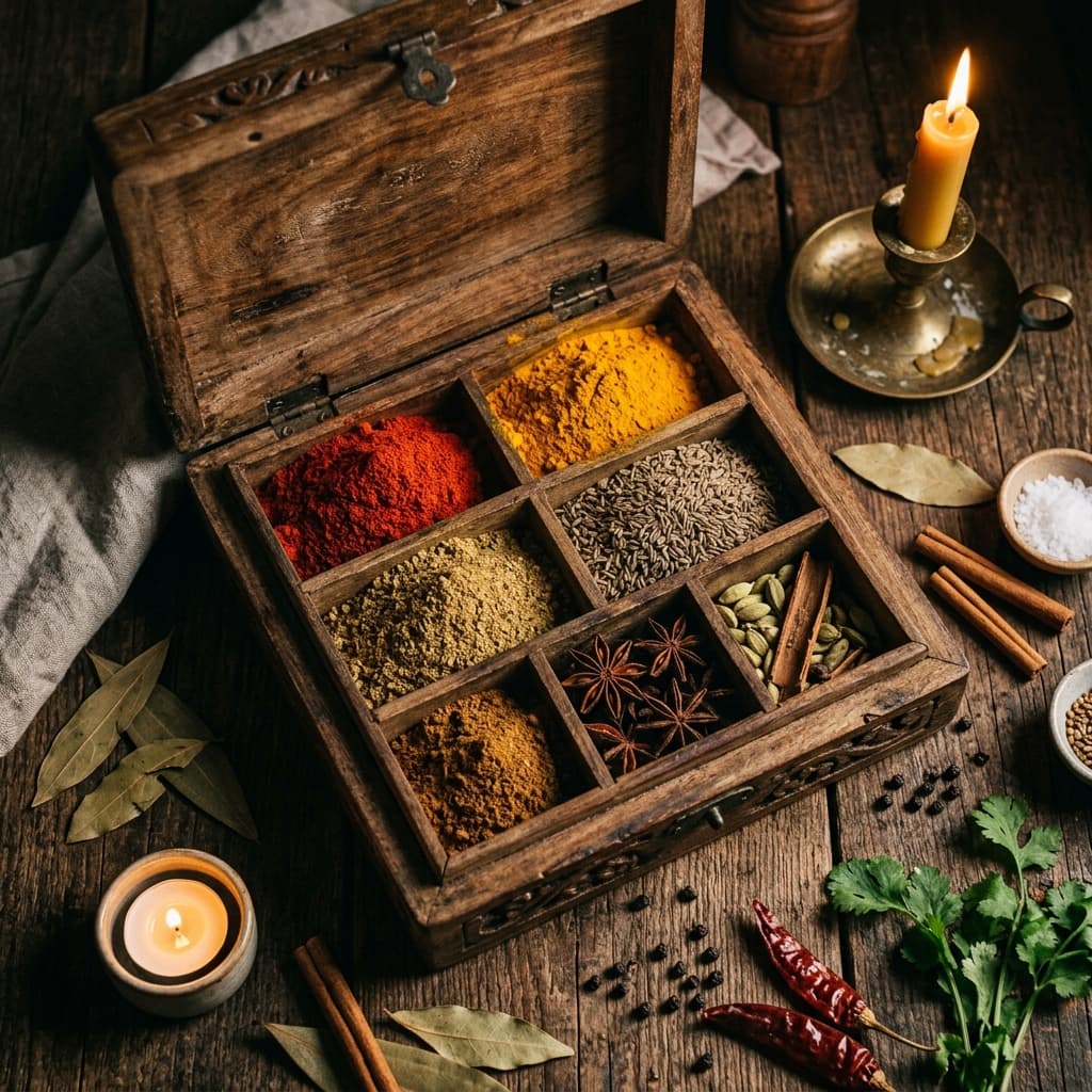 Wooden spice box with True Taste spices
